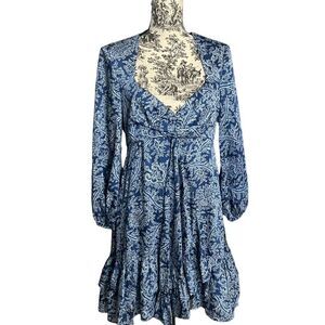 Likely Women’s Shawn Mini Dress Size 6 Blue and Ivory Long Sleeves